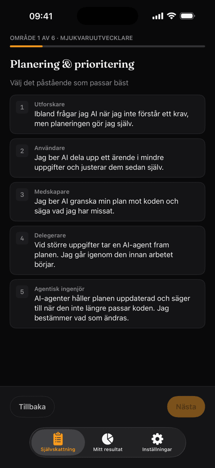 nivå-appen med de fem påståendena för ett område